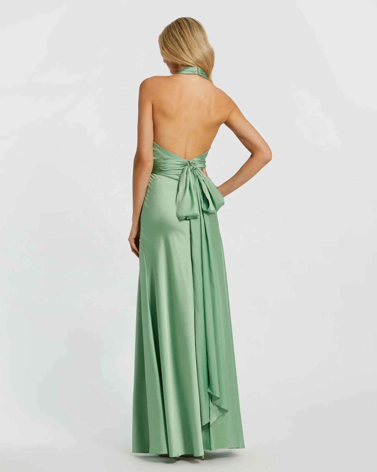 Flowy A-Line Halter Sleeveless Satin Floor-Length Bow-Back Bridesmaid Dress
