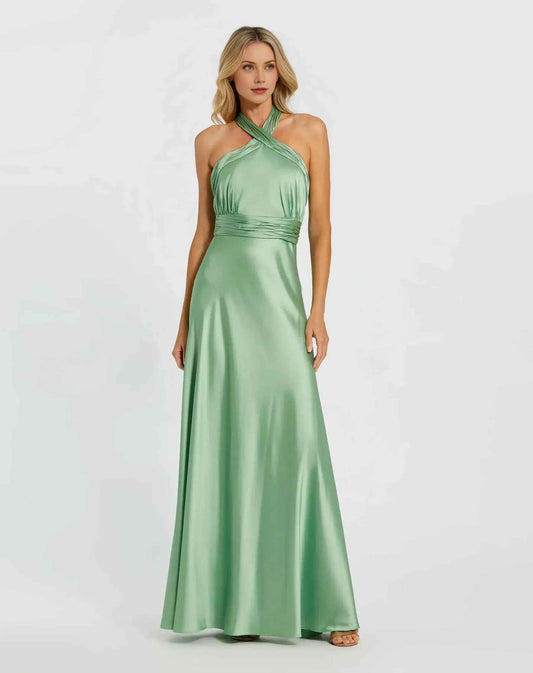 Flowy A-Line Halter Sleeveless Satin Floor-Length Bow-Back Bridesmaid Dress