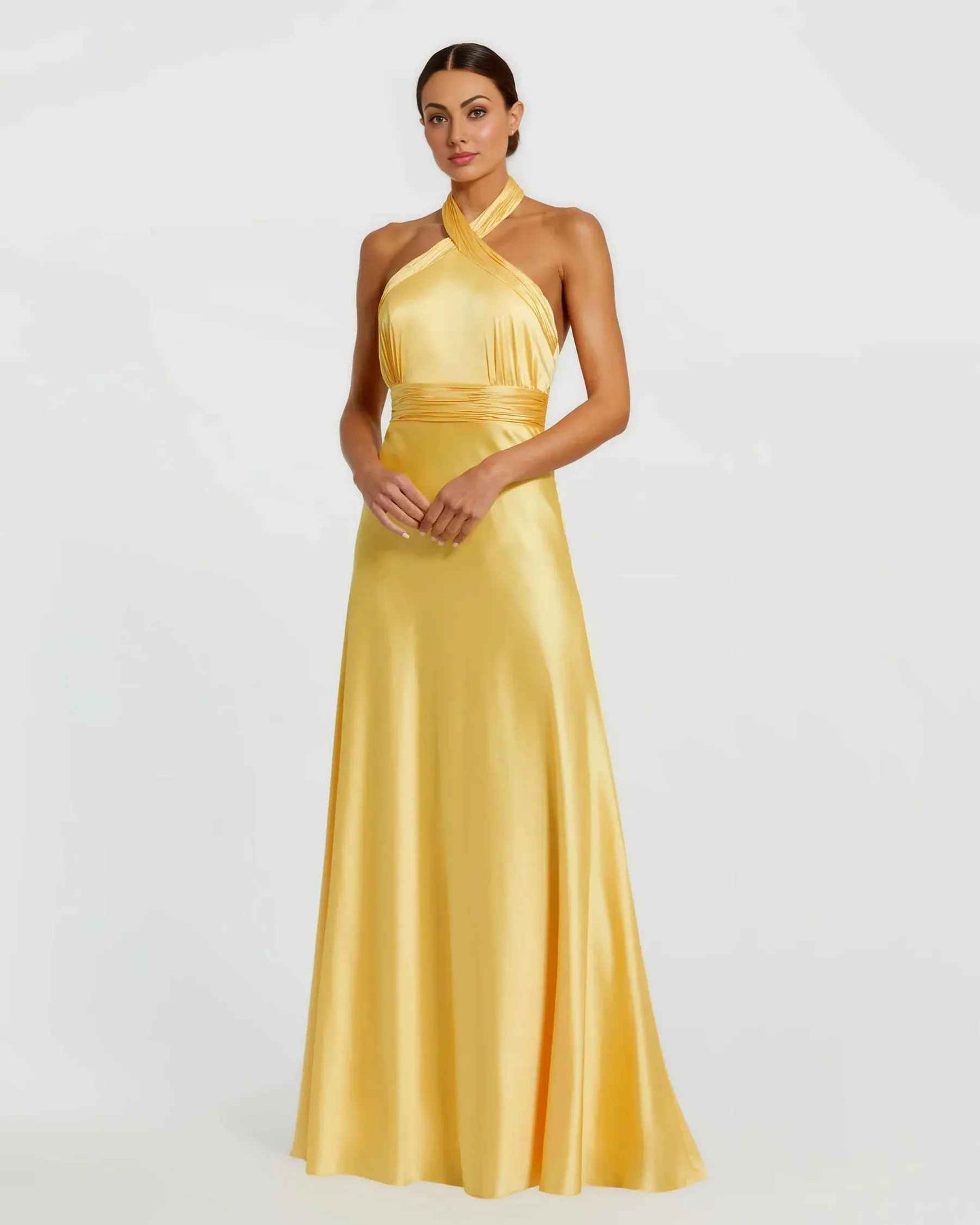 Flowy A-Line Halter Sleeveless Satin Floor-Length Bow-Back Bridesmaid Dress
