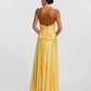Flowy A-Line Halter Sleeveless Satin Floor-Length Bow-Back Bridesmaid Dress