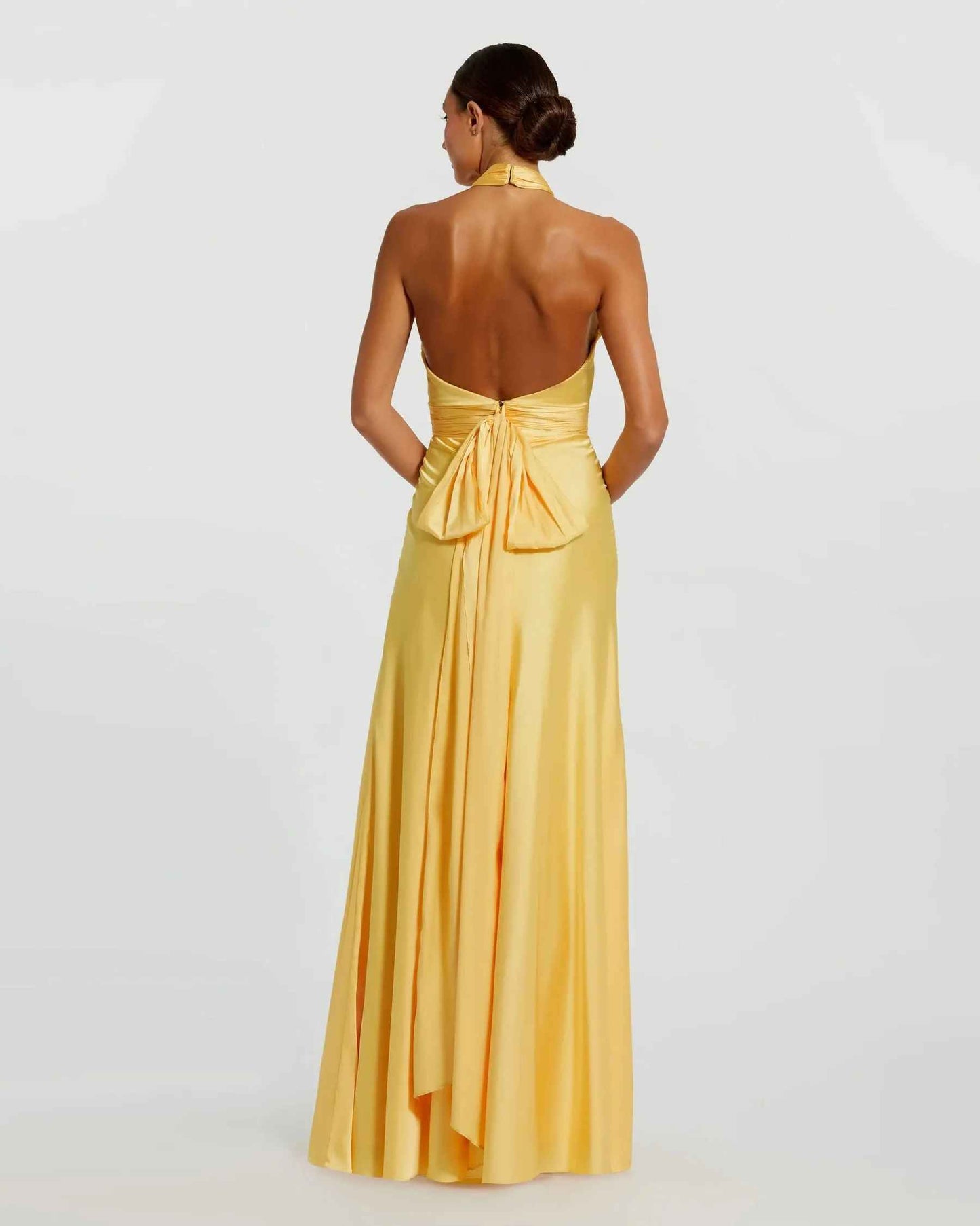 Flowy A-Line Halter Sleeveless Satin Floor-Length Bow-Back Bridesmaid Dress
