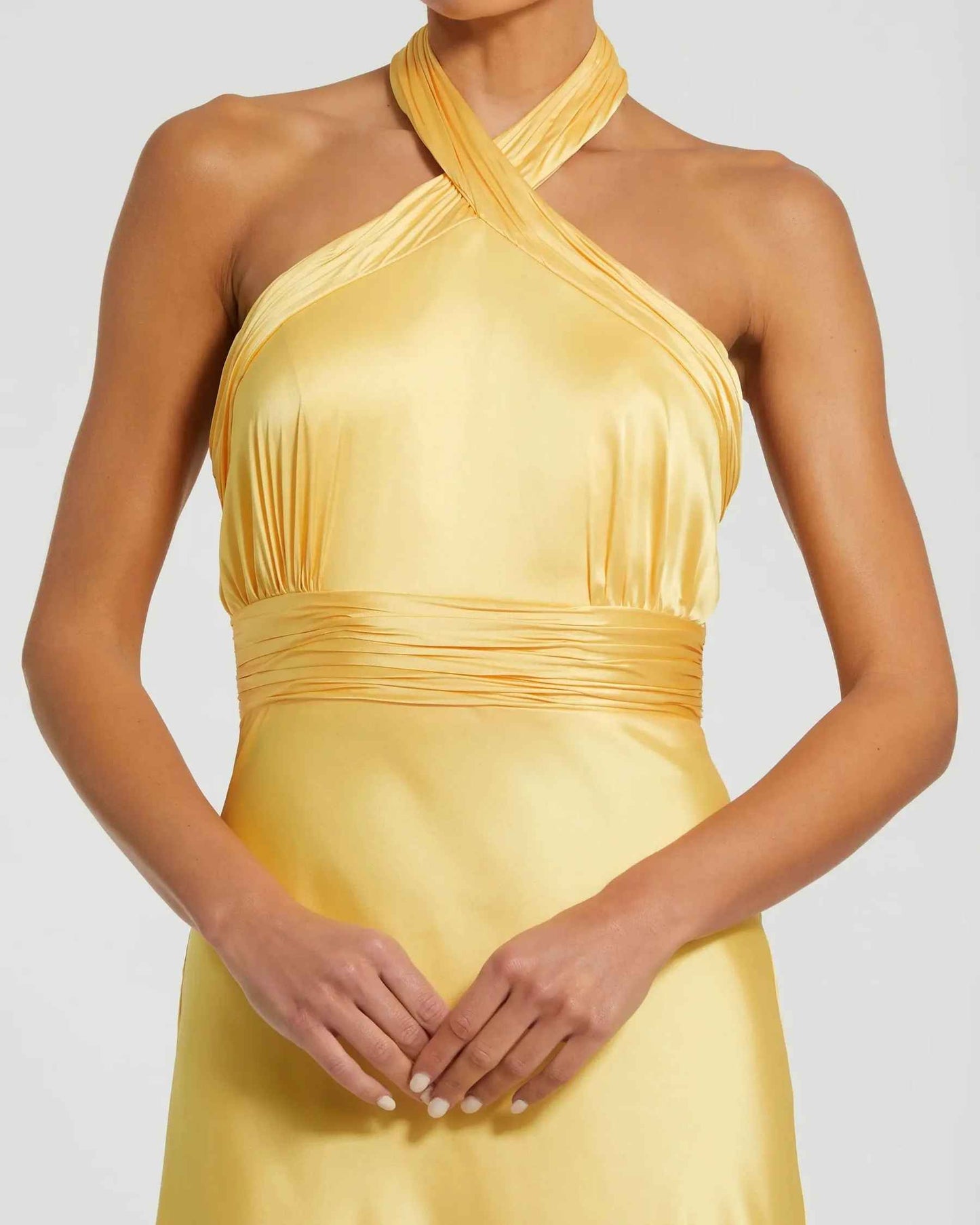 Flowy A-Line Halter Sleeveless Satin Floor-Length Bow-Back Bridesmaid Dress