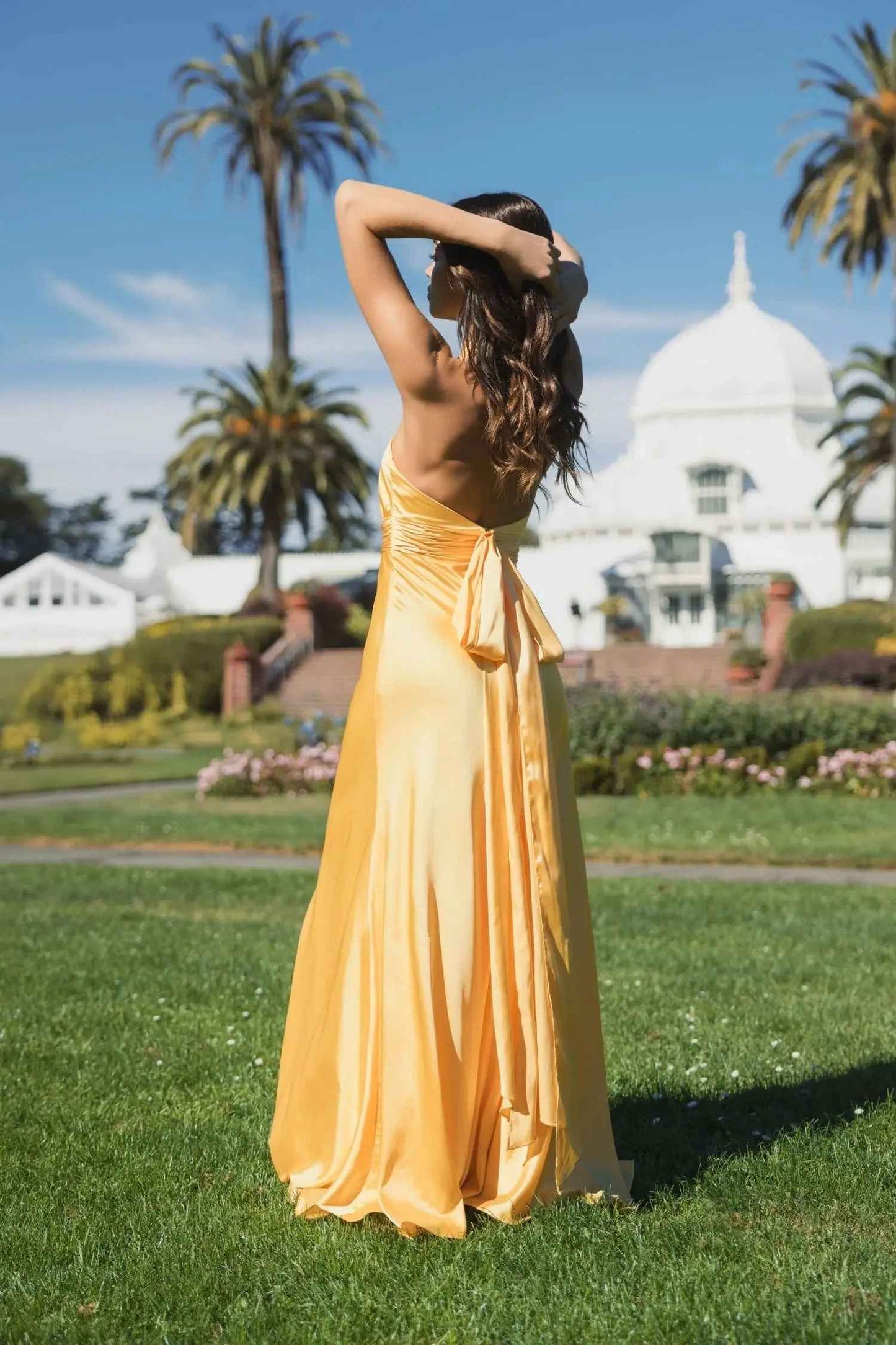 Flowy A-Line Halter Sleeveless Satin Floor-Length Bow-Back Bridesmaid Dress