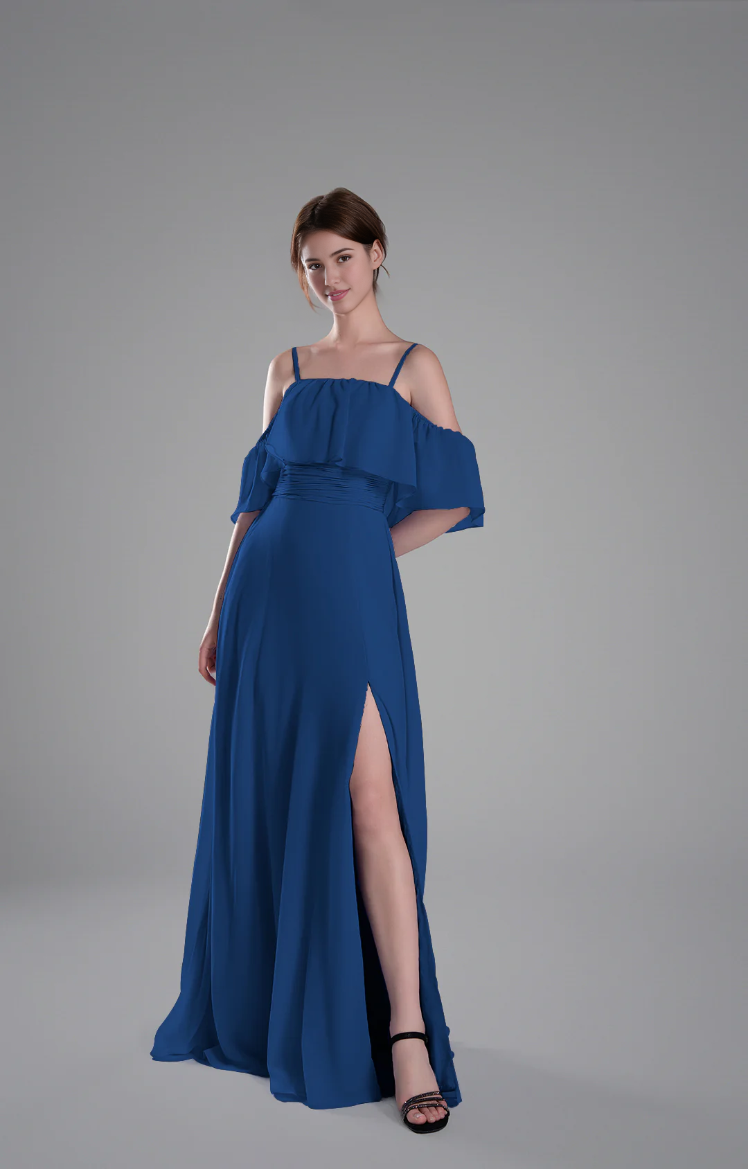 Flowy A-Line Off-the-Shoulder Chiffon Ruffled Slit Maxi Bridesmaid Dress