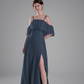 Flowy A-Line Off-the-Shoulder Chiffon Ruffled Slit Maxi Bridesmaid Dress