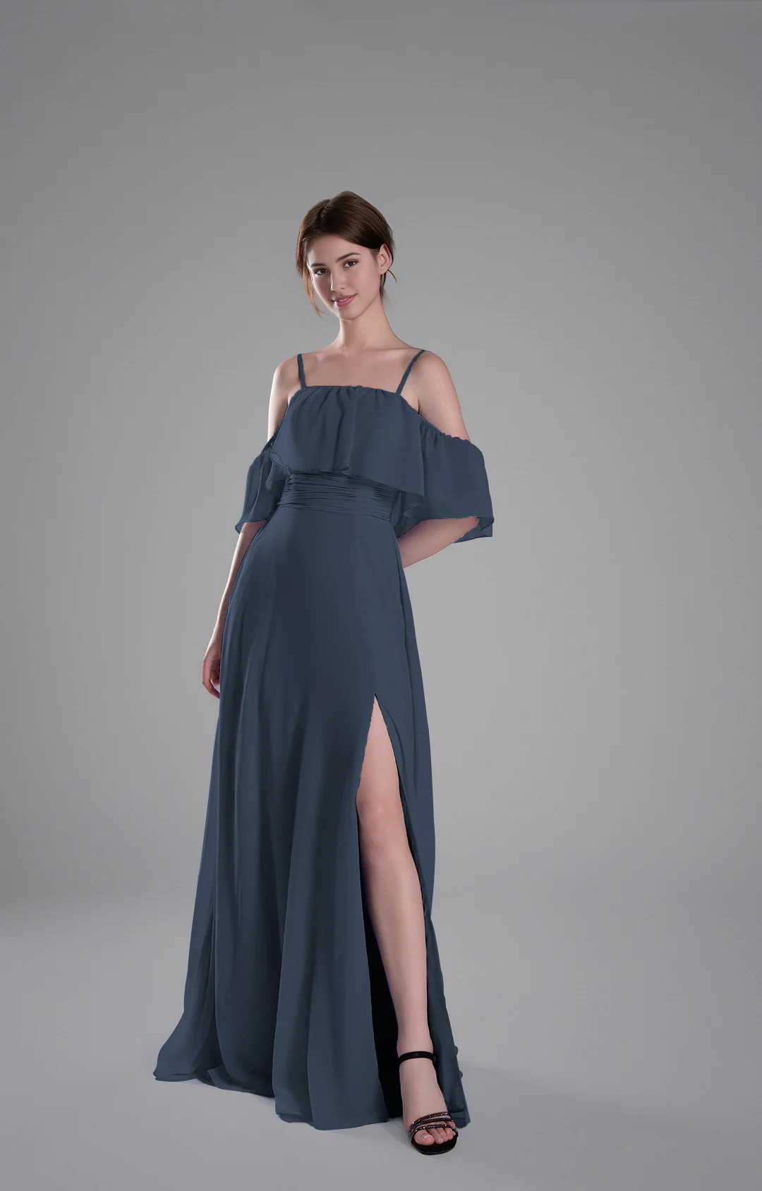 Flowy A-Line Off-the-Shoulder Chiffon Ruffled Slit Maxi Bridesmaid Dress