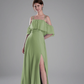 Flowy A-Line Off-the-Shoulder Chiffon Ruffled Slit Maxi Bridesmaid Dress