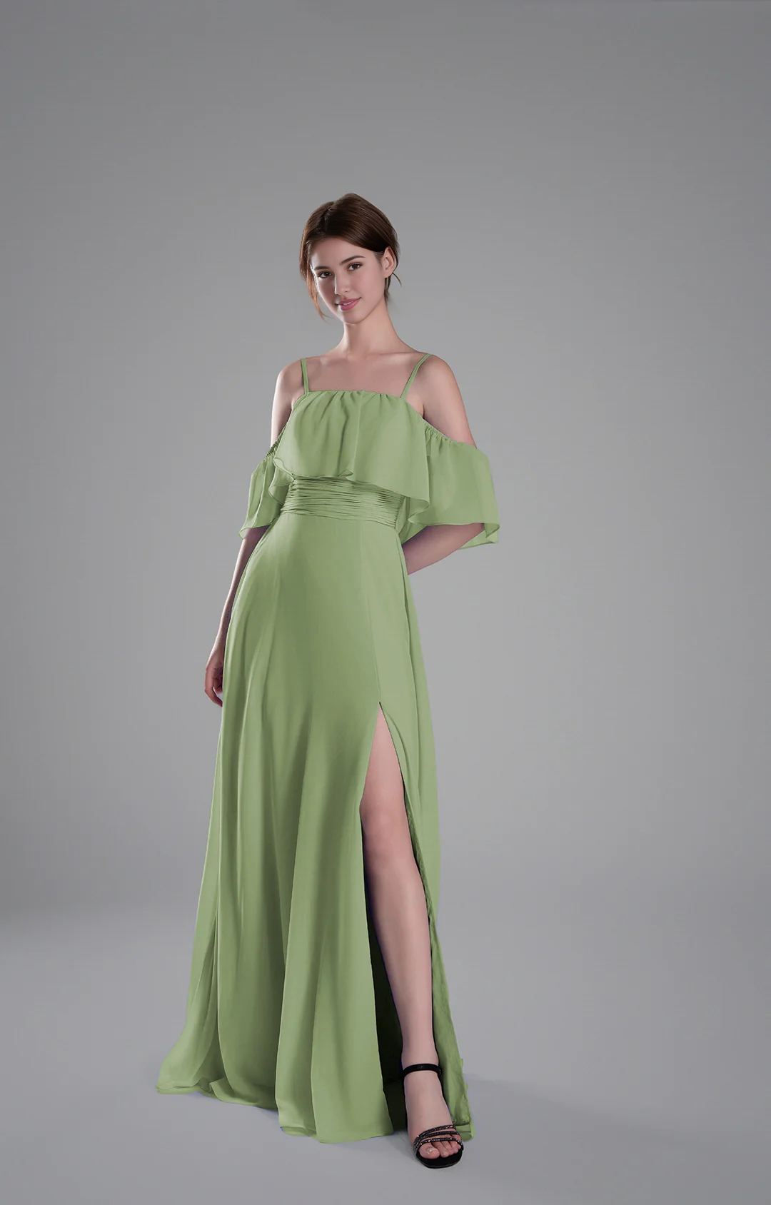 Flowy A-Line Off-the-Shoulder Chiffon Ruffled Slit Maxi Bridesmaid Dress