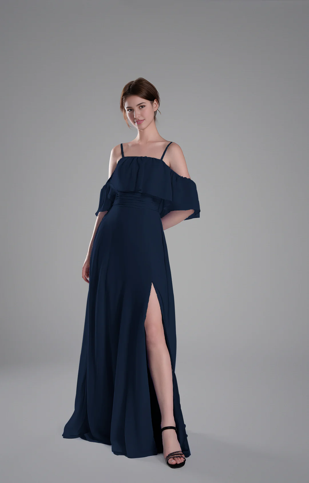 Flowy A-Line Off-the-Shoulder Chiffon Ruffled Slit Maxi Bridesmaid Dress