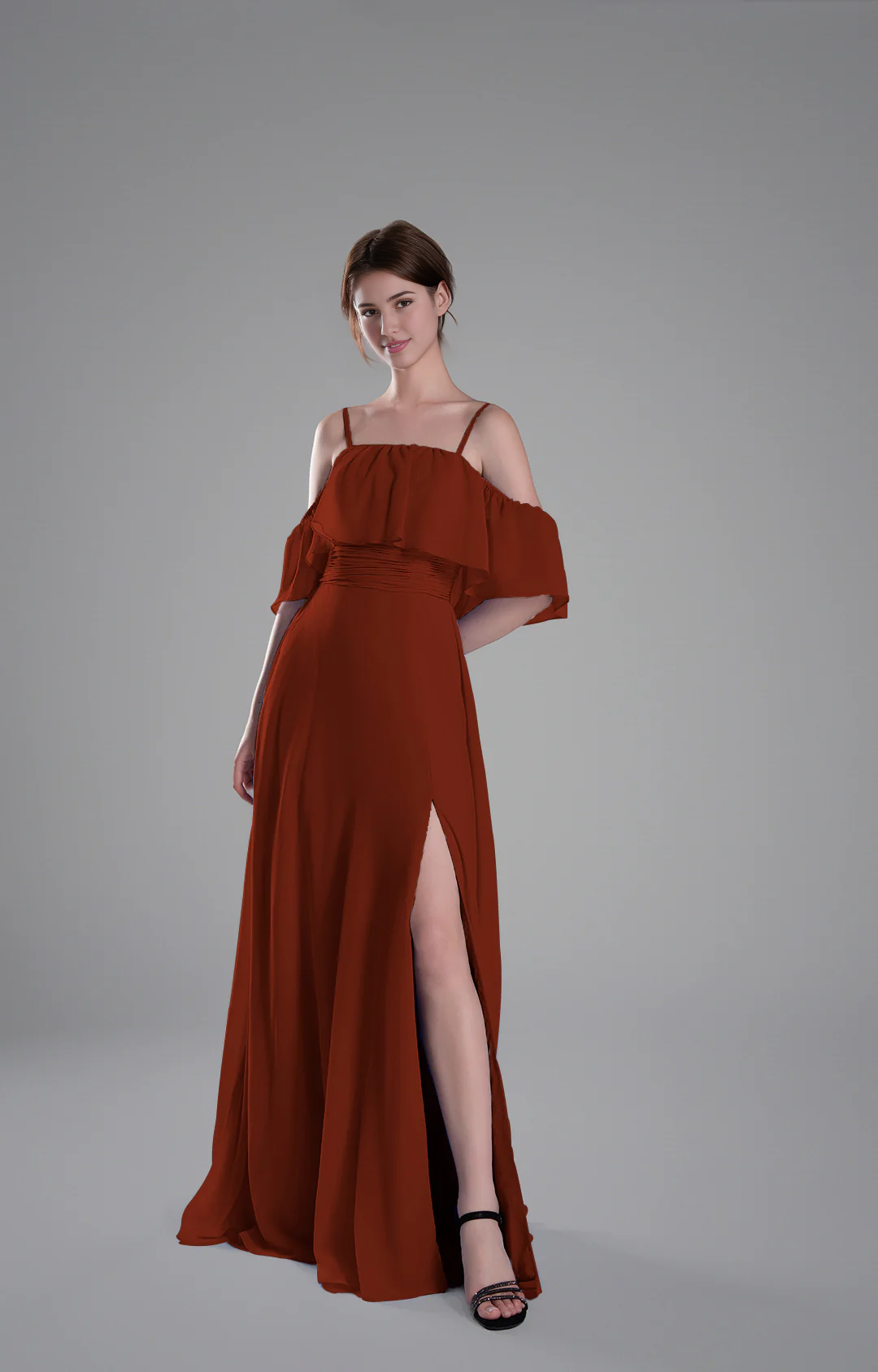 Flowy A-Line Off-the-Shoulder Chiffon Ruffled Slit Maxi Bridesmaid Dress