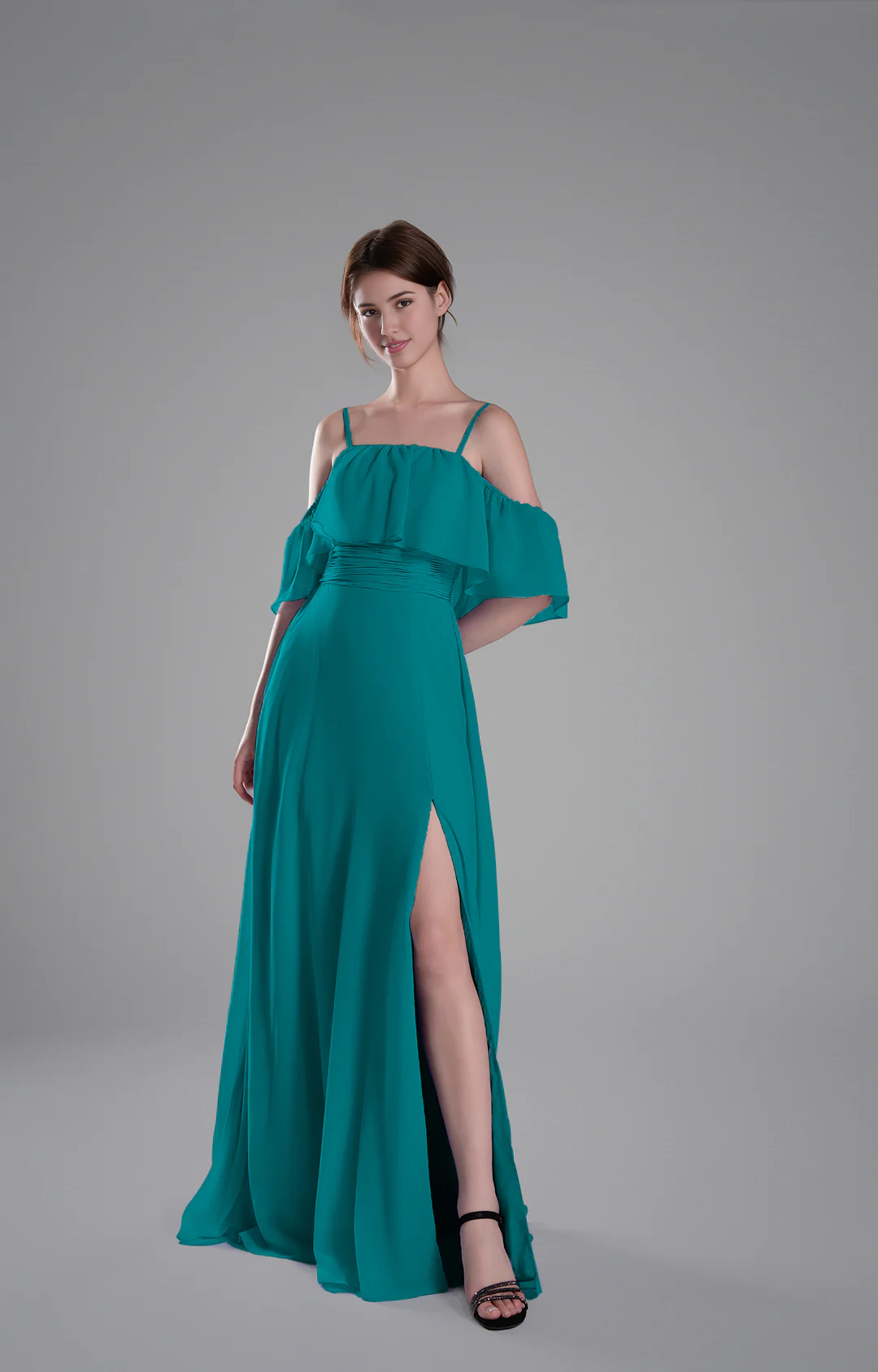 Flowy A-Line Off-the-Shoulder Chiffon Ruffled Slit Maxi Bridesmaid Dress