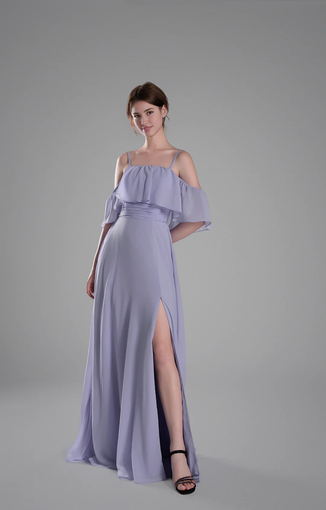 Flowy A-Line Off-the-Shoulder Chiffon Ruffled Slit Maxi Bridesmaid Dress