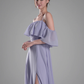 Flowy A-Line Off-the-Shoulder Chiffon Ruffled Slit Maxi Bridesmaid Dress