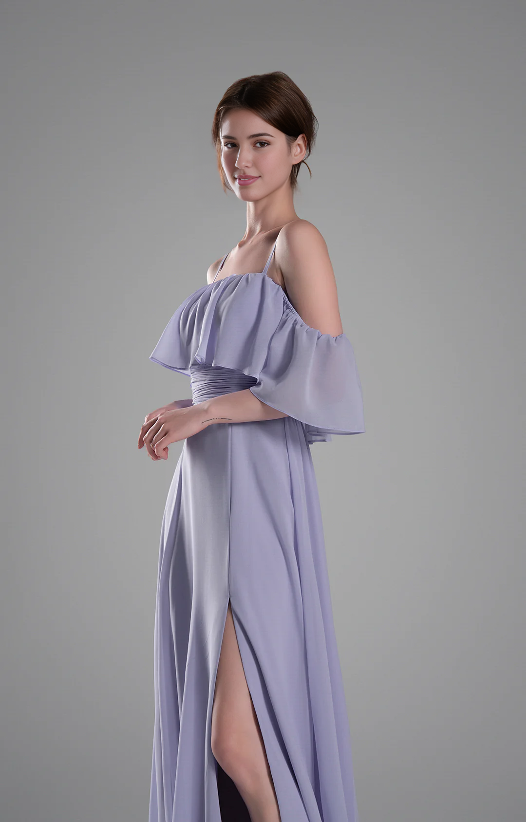 Flowy A-Line Off-the-Shoulder Chiffon Ruffled Slit Maxi Bridesmaid Dress