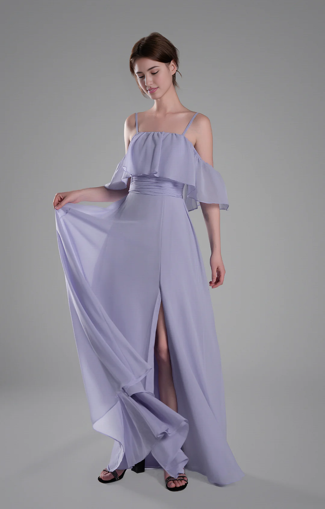 Flowy A-Line Off-the-Shoulder Chiffon Ruffled Slit Maxi Bridesmaid Dress