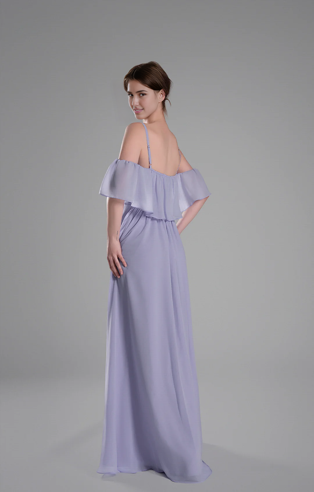 Flowy A-Line Off-the-Shoulder Chiffon Ruffled Slit Maxi Bridesmaid Dress