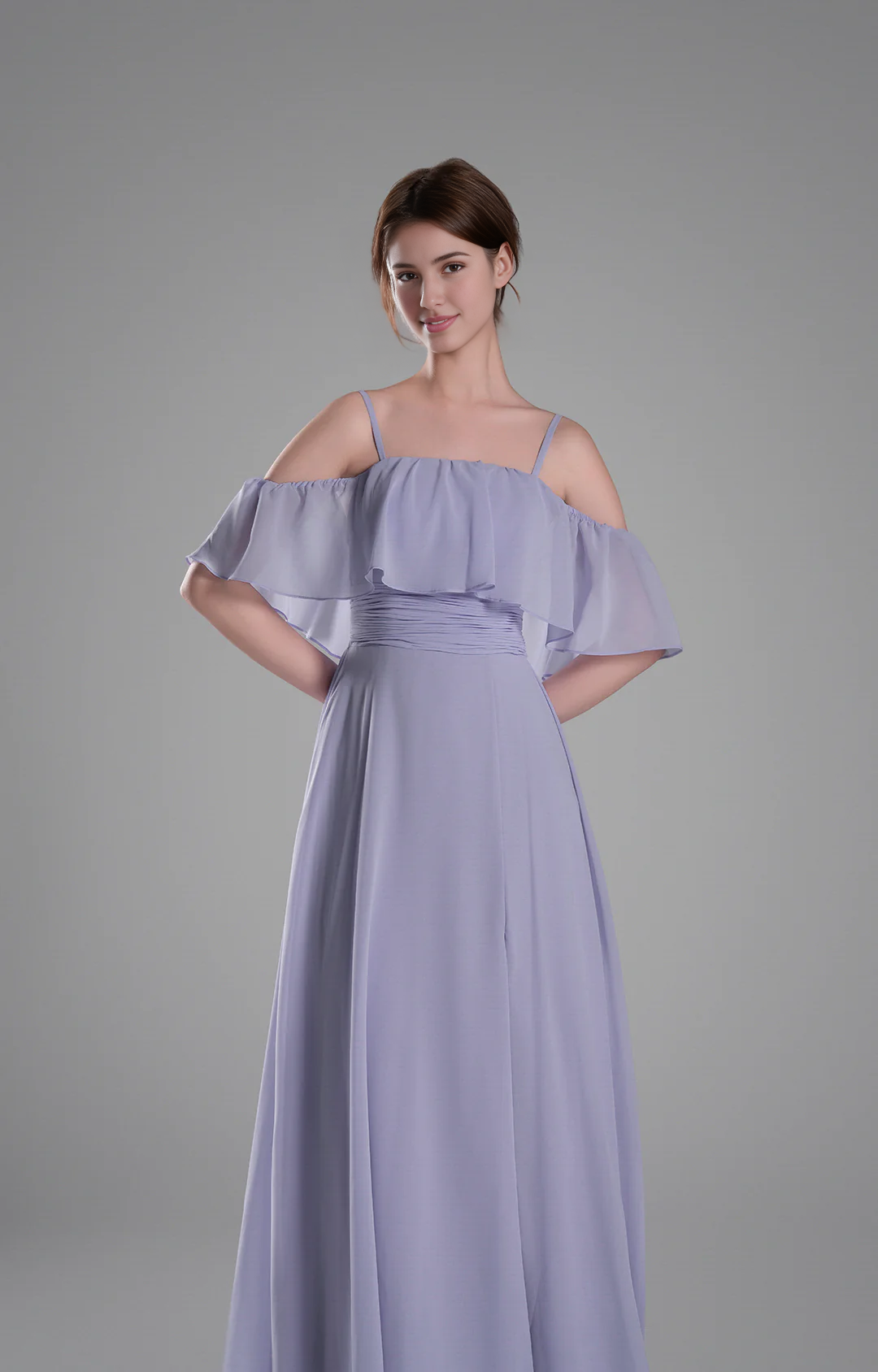 Flowy A-Line Off-the-Shoulder Chiffon Ruffled Slit Maxi Bridesmaid Dress