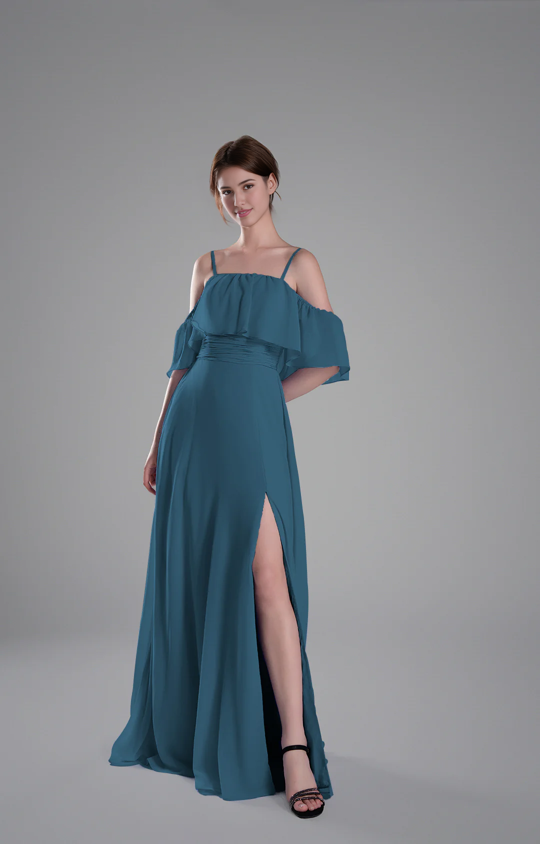 Flowy A-Line Off-the-Shoulder Chiffon Ruffled Slit Maxi Bridesmaid Dress