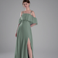 Flowy A-Line Off-the-Shoulder Chiffon Ruffled Slit Maxi Bridesmaid Dress
