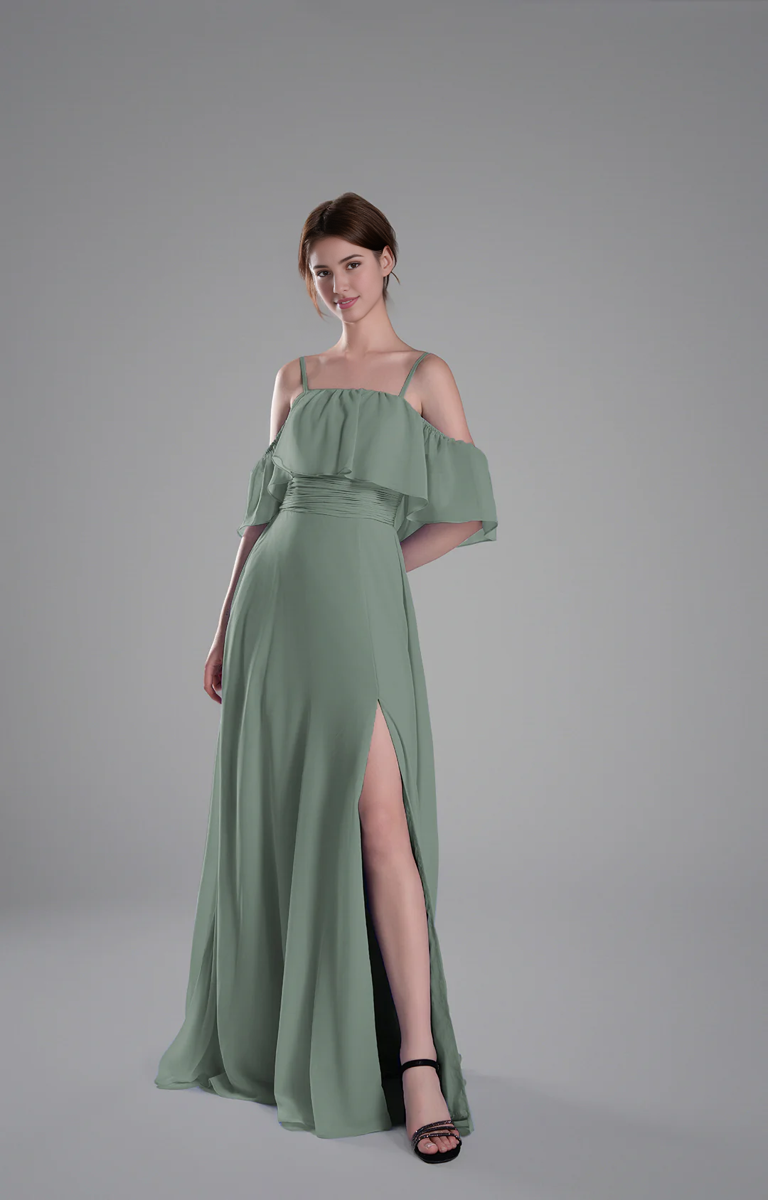 Flowy A-Line Off-the-Shoulder Chiffon Ruffled Slit Maxi Bridesmaid Dress