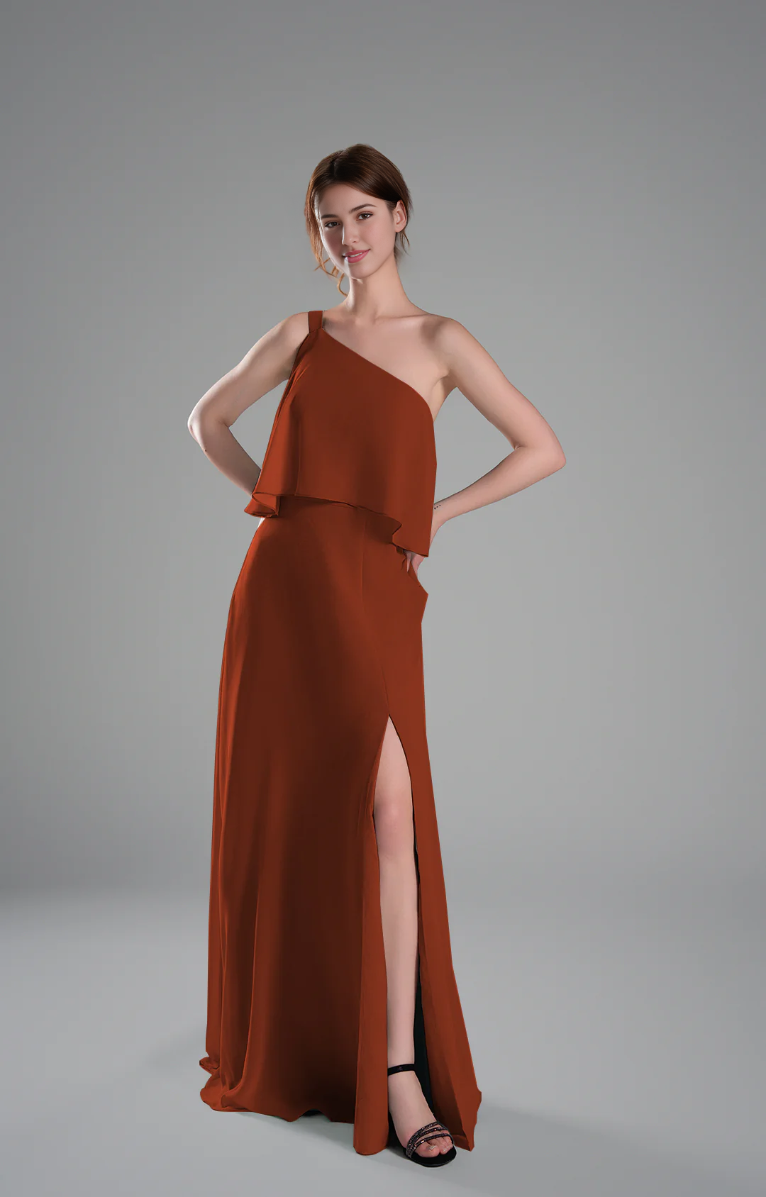 Flowy A-Line One-Shoulder Chiffon Ruffled Slit Maxi Bridesmaid Dress
