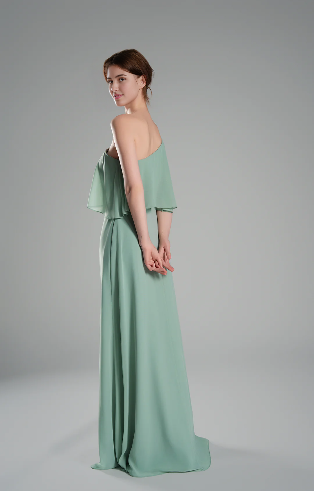 Flowy A-Line One-Shoulder Chiffon Ruffled Slit Maxi Bridesmaid Dress