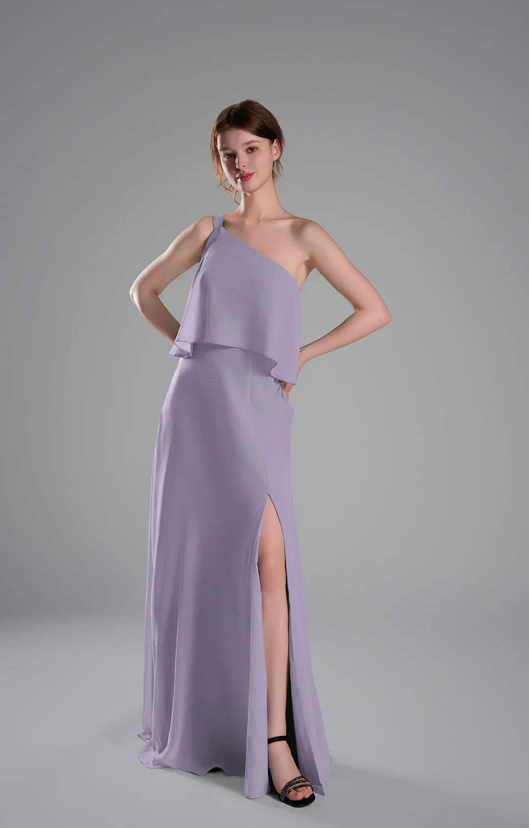 Flowy A-Line One-Shoulder Chiffon Ruffled Slit Maxi Bridesmaid Dress