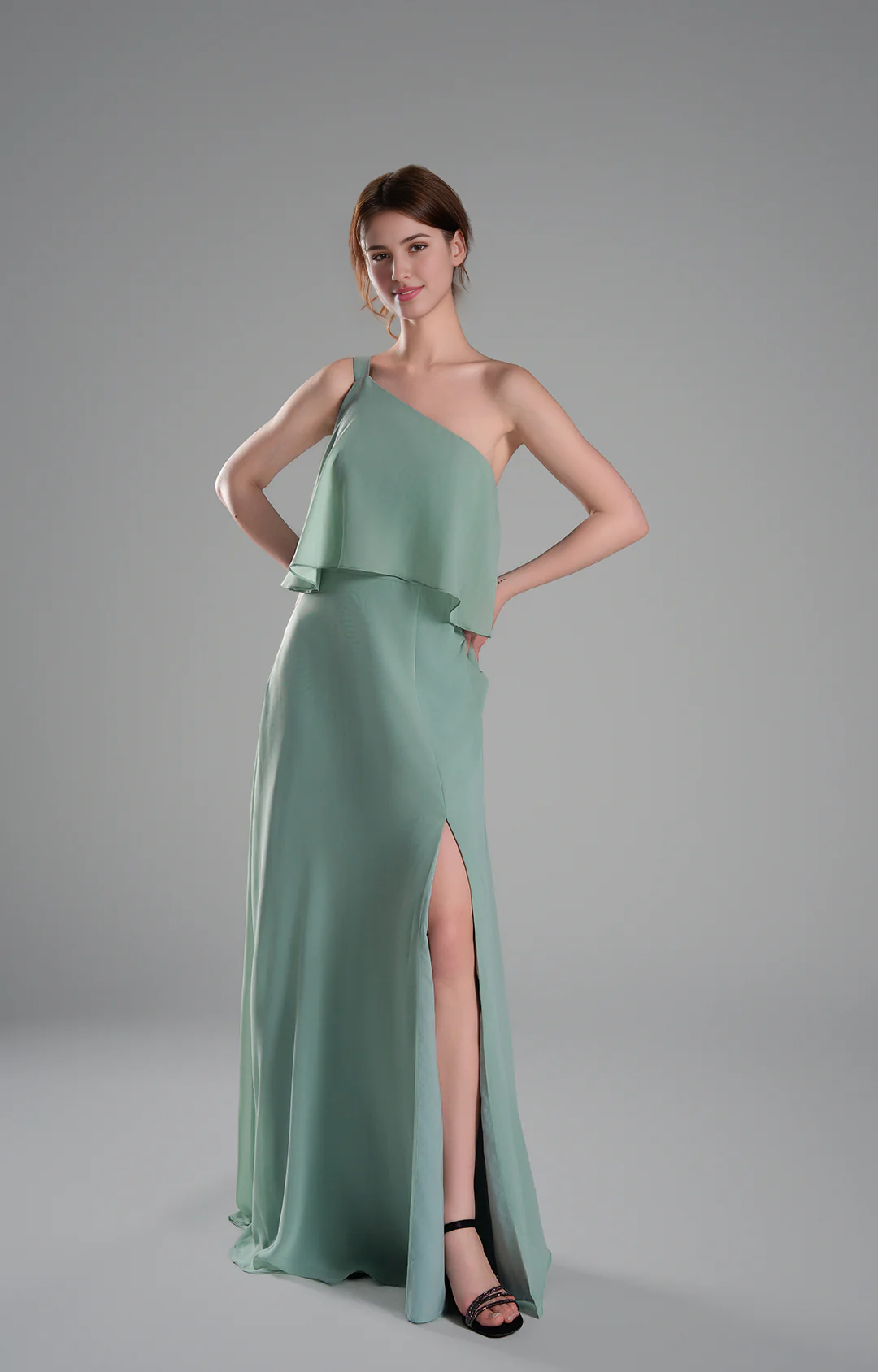 Flowy A-Line One-Shoulder Chiffon Ruffled Slit Maxi Bridesmaid Dress