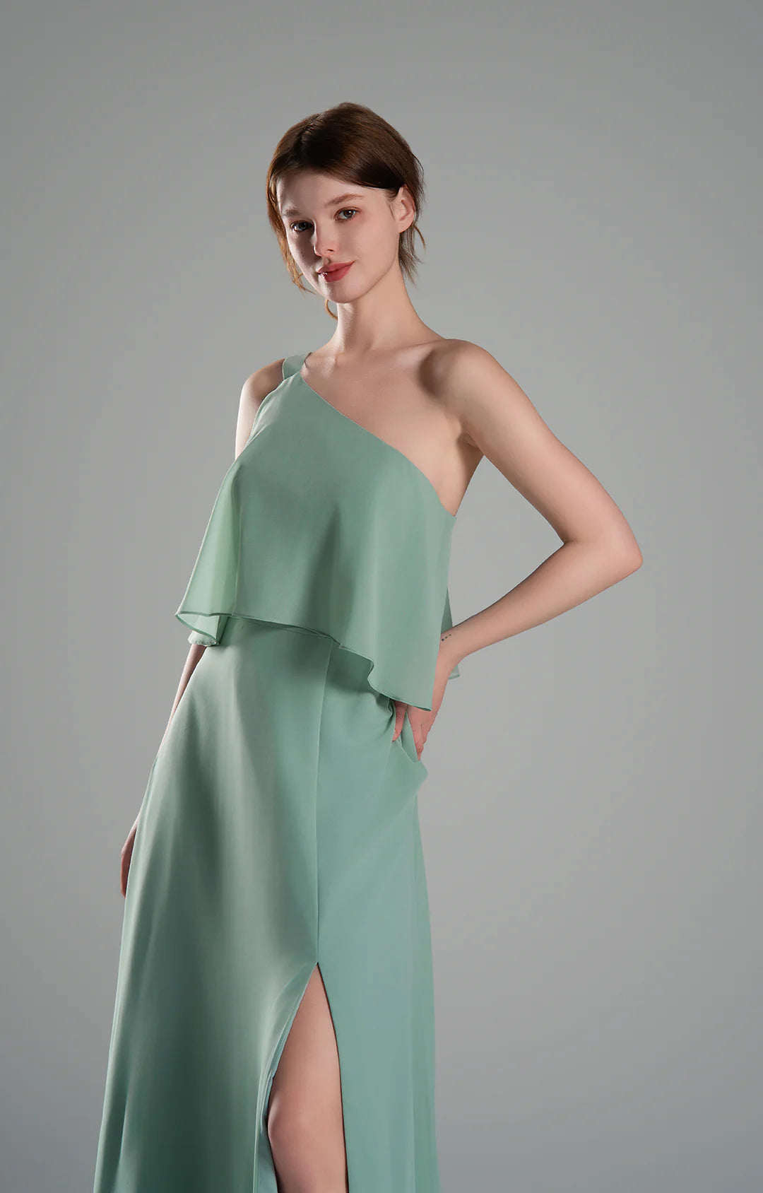 Flowy A-Line One-Shoulder Chiffon Ruffled Slit Maxi Bridesmaid Dress