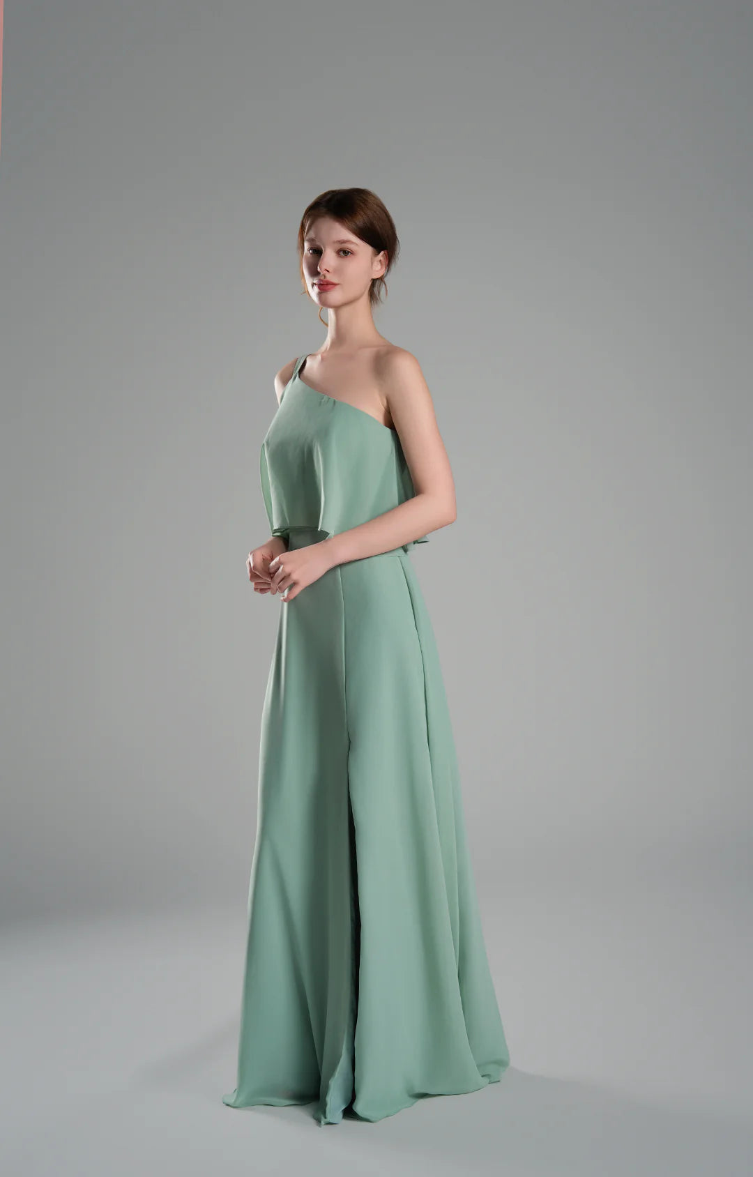 Flowy A-Line One-Shoulder Chiffon Ruffled Slit Maxi Bridesmaid Dress