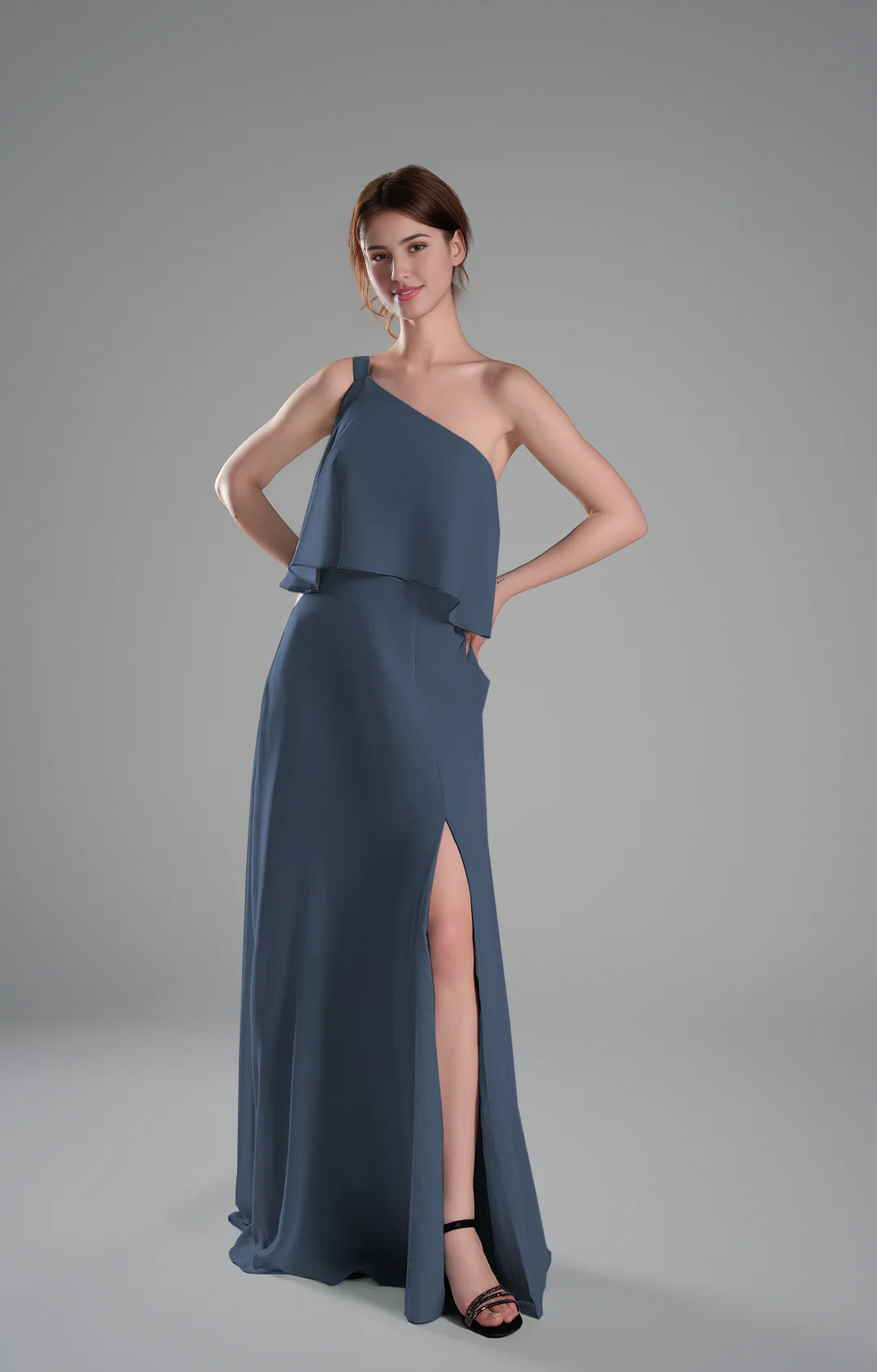 Flowy A-Line One-Shoulder Chiffon Ruffled Slit Maxi Bridesmaid Dress