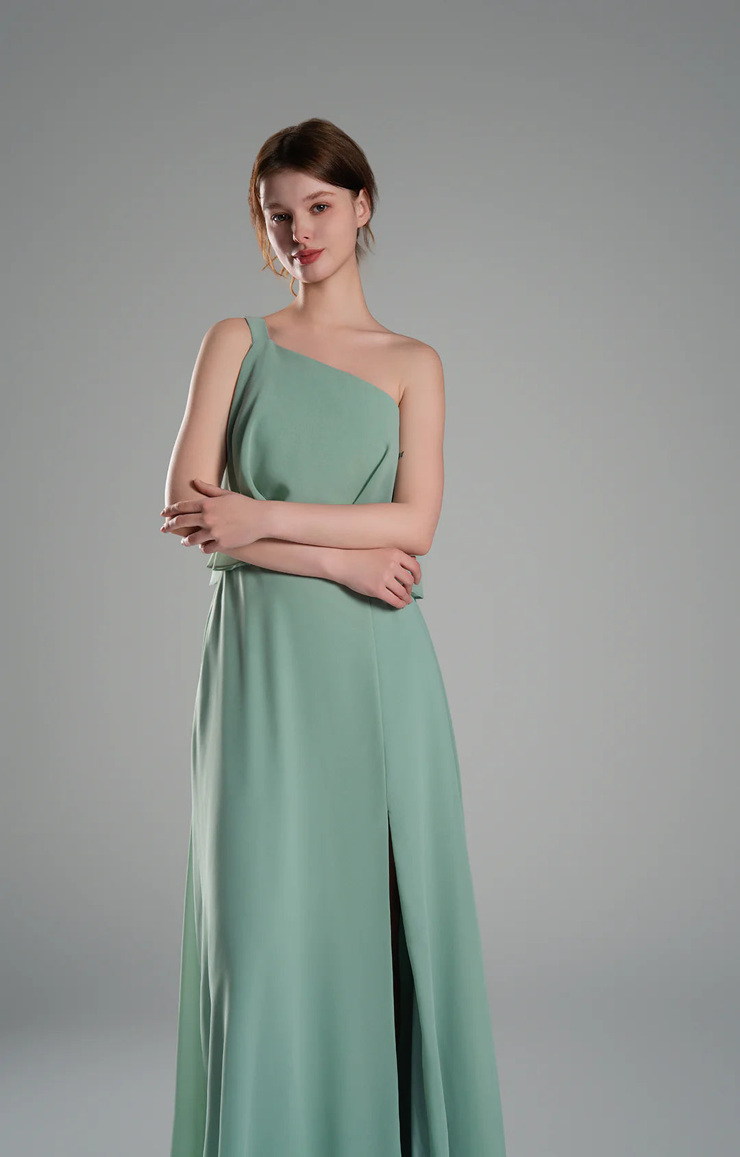 Flowy A-Line One-Shoulder Chiffon Ruffled Slit Maxi Bridesmaid Dress