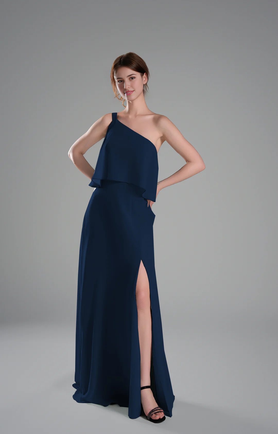 Flowy A-Line One-Shoulder Chiffon Ruffled Slit Maxi Bridesmaid Dress