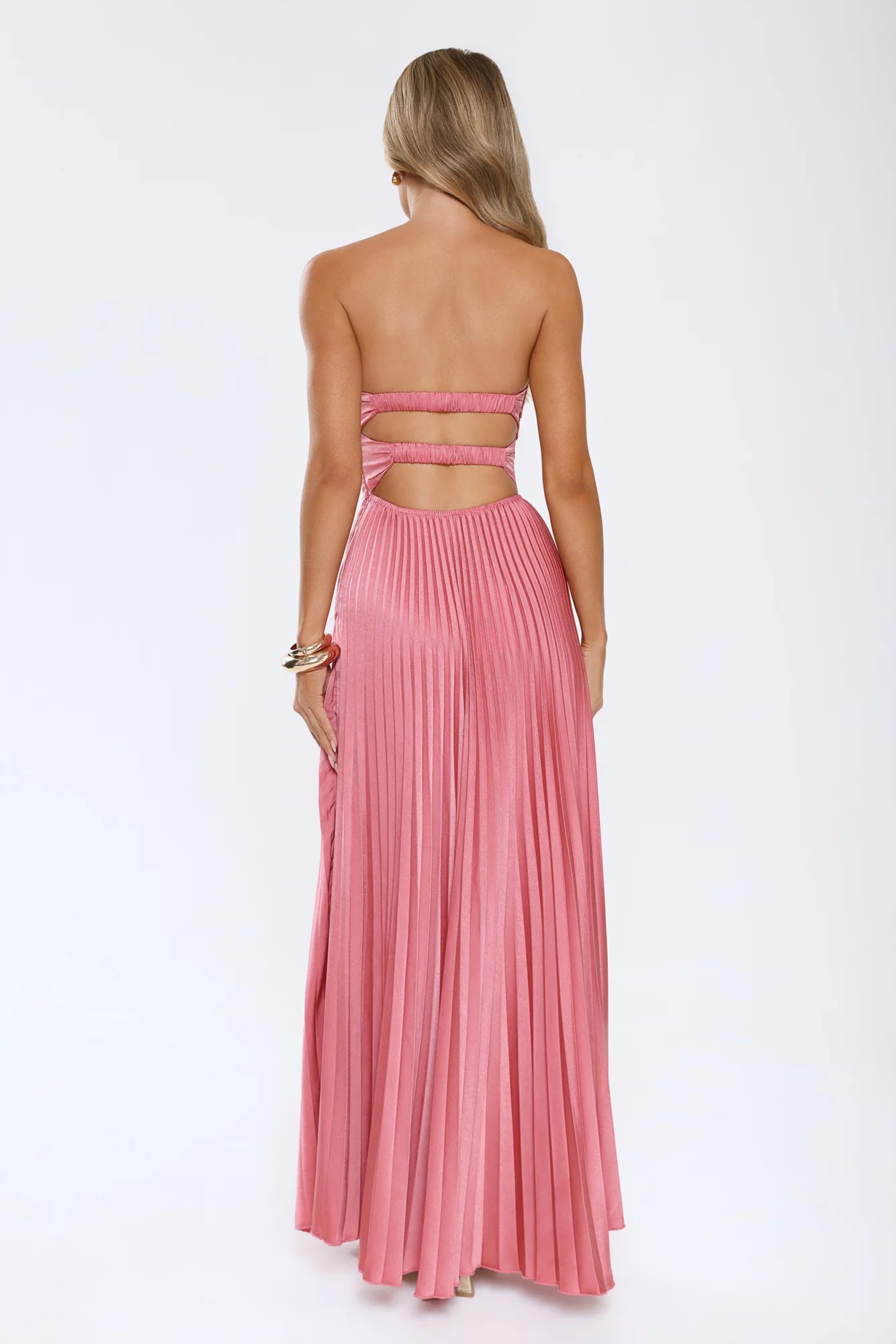Flowy A-Line Strapless Sweetheart Pleated Floor-Length Back-Cutout Bridesmaid Dress