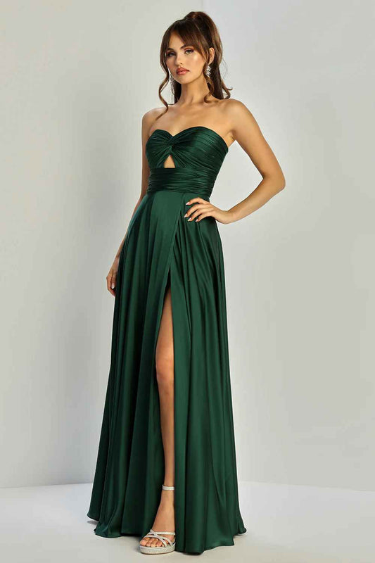 Flowy A-Line Strapless Sweetheart Satin Floor-Length Keyhole-Slit Bridesmaid Dress