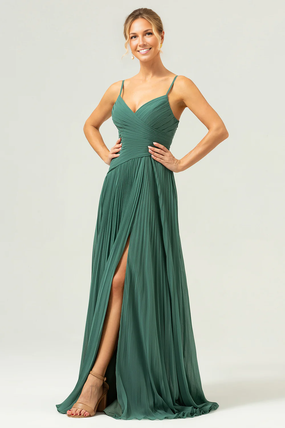 Flowy A-Line Sweetheart Spaghetti-Strap Chiffon Floor-Length Pleated Slit Bridesmaid Dress