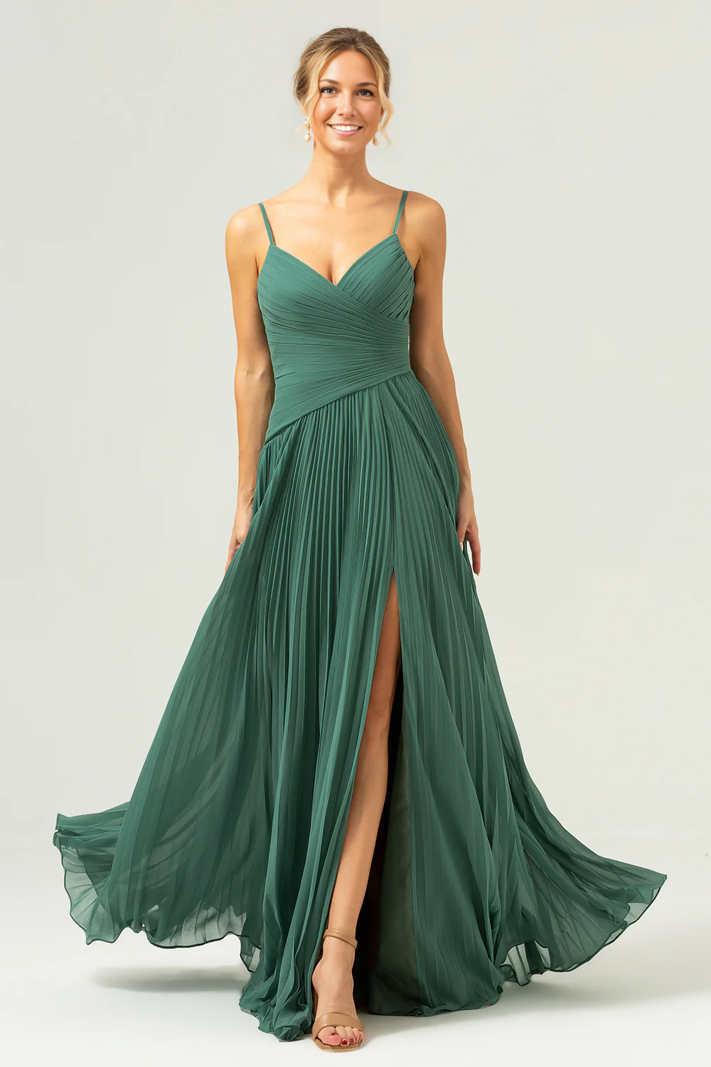 Flowy A-Line Sweetheart Spaghetti-Strap Chiffon Floor-Length Pleated Slit Bridesmaid Dress
