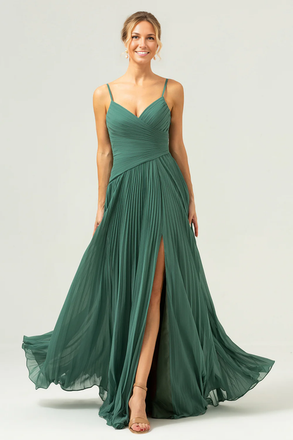 Flowy A-Line Sweetheart Spaghetti-Strap Chiffon Floor-Length Pleated Slit Bridesmaid Dress