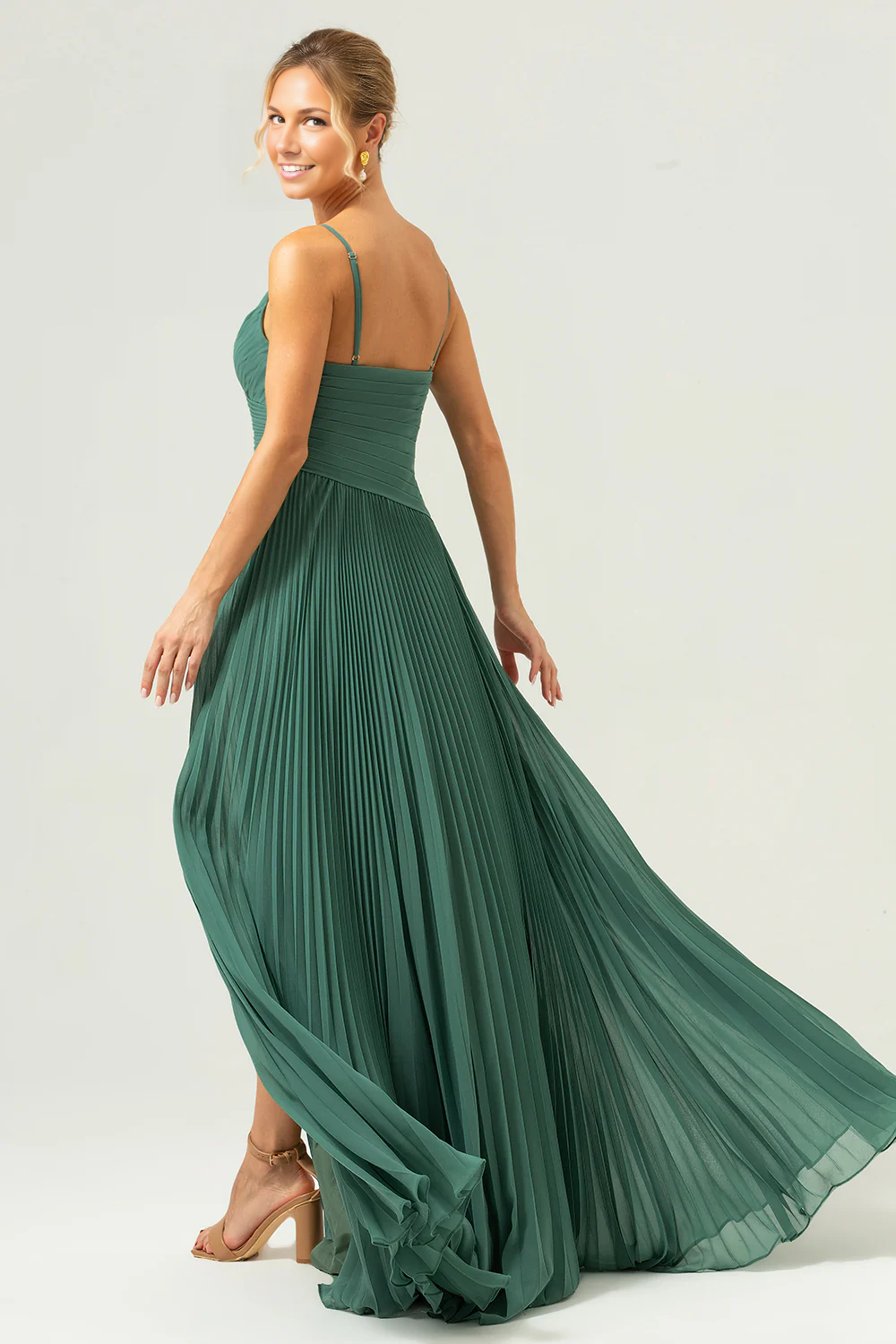 Flowy A-Line Sweetheart Spaghetti-Strap Chiffon Floor-Length Pleated Slit Bridesmaid Dress