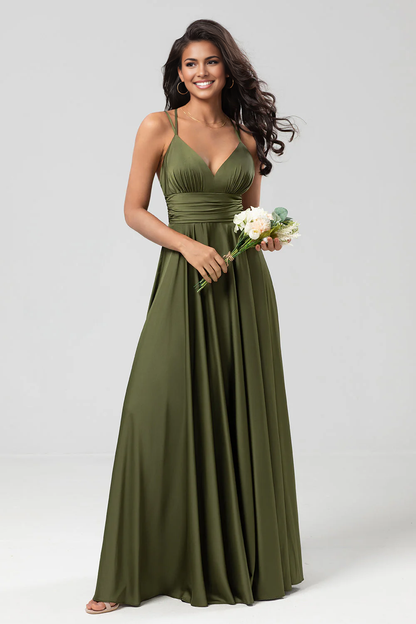Flowy A-Line V-Neck Spaghetti-Strap Satin Floor-Length Ruched Backless Bridesmaid Dress