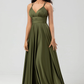 Flowy A-Line V-Neck Spaghetti-Strap Satin Floor-Length Ruched Backless Bridesmaid Dress