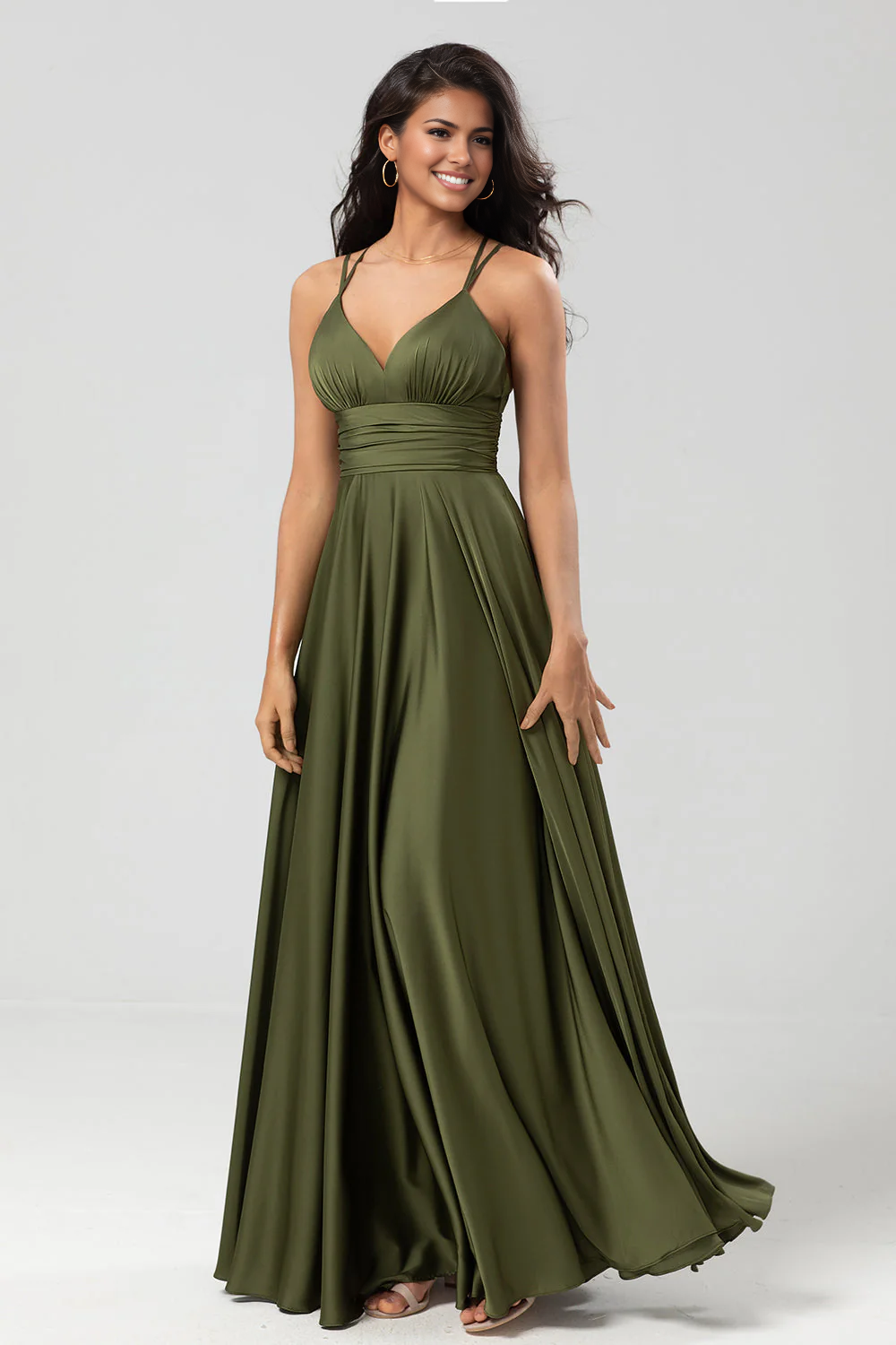 Flowy A-Line V-Neck Spaghetti-Strap Satin Floor-Length Ruched Backless Bridesmaid Dress
