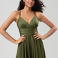 Flowy A-Line V-Neck Spaghetti-Strap Satin Floor-Length Ruched Backless Bridesmaid Dress