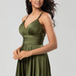 Flowy A-Line V-Neck Spaghetti-Strap Satin Floor-Length Ruched Backless Bridesmaid Dress