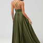 Flowy A-Line V-Neck Spaghetti-Strap Satin Floor-Length Ruched Backless Bridesmaid Dress