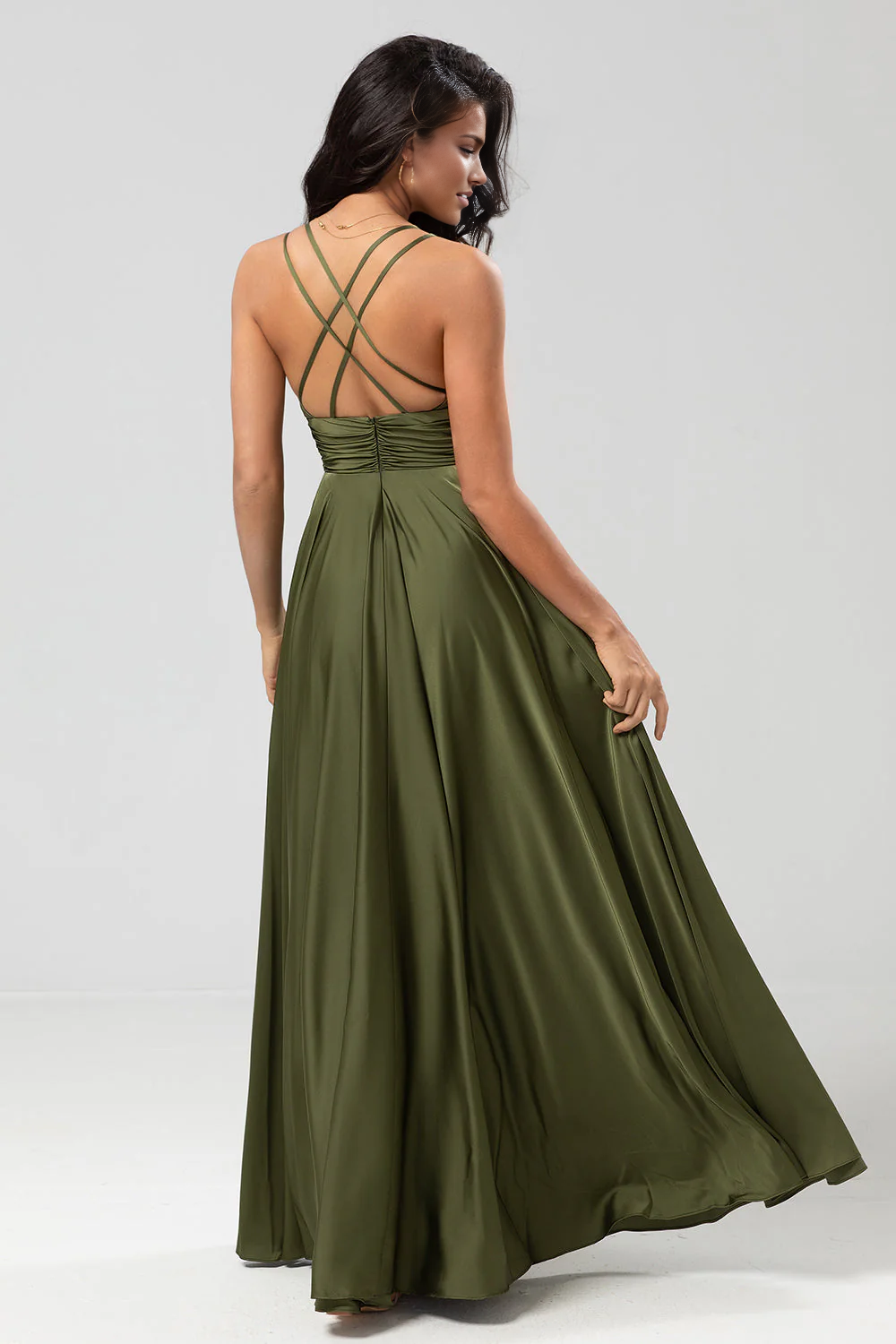 Flowy A-Line V-Neck Spaghetti-Strap Satin Floor-Length Ruched Backless Bridesmaid Dress