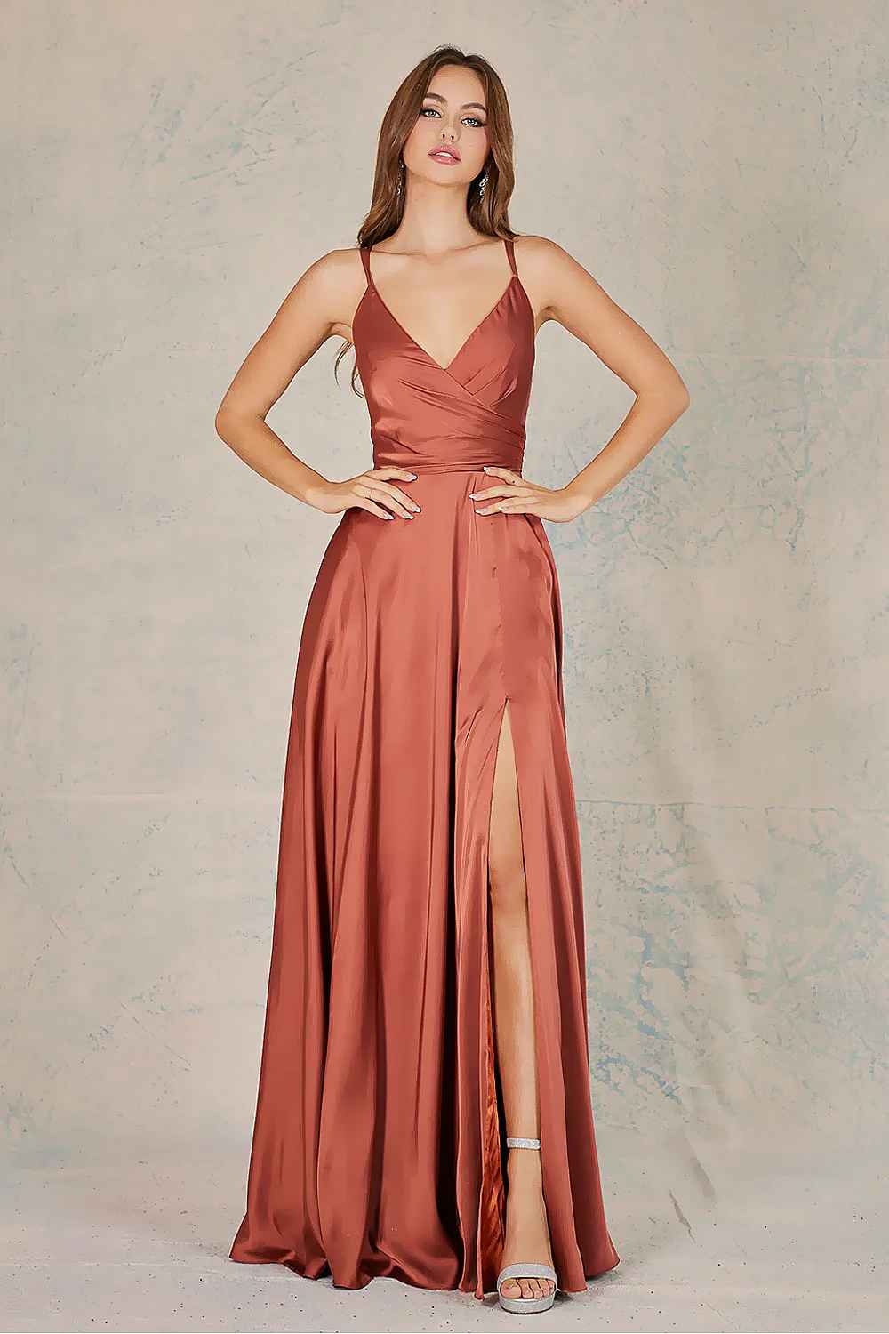 Flowy A-Line V-Neck Spaghetti-Strap Satin Floor-Length Slit Lace-Up Bridesmaid Dress
