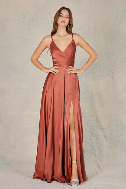 Flowy A-Line V-Neck Spaghetti-Strap Satin Floor-Length Slit Lace-Up Bridesmaid Dress