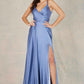 Flowy A-Line V-Neck Spaghetti-Strap Satin Floor-Length Slit Lace-Up Bridesmaid Dress