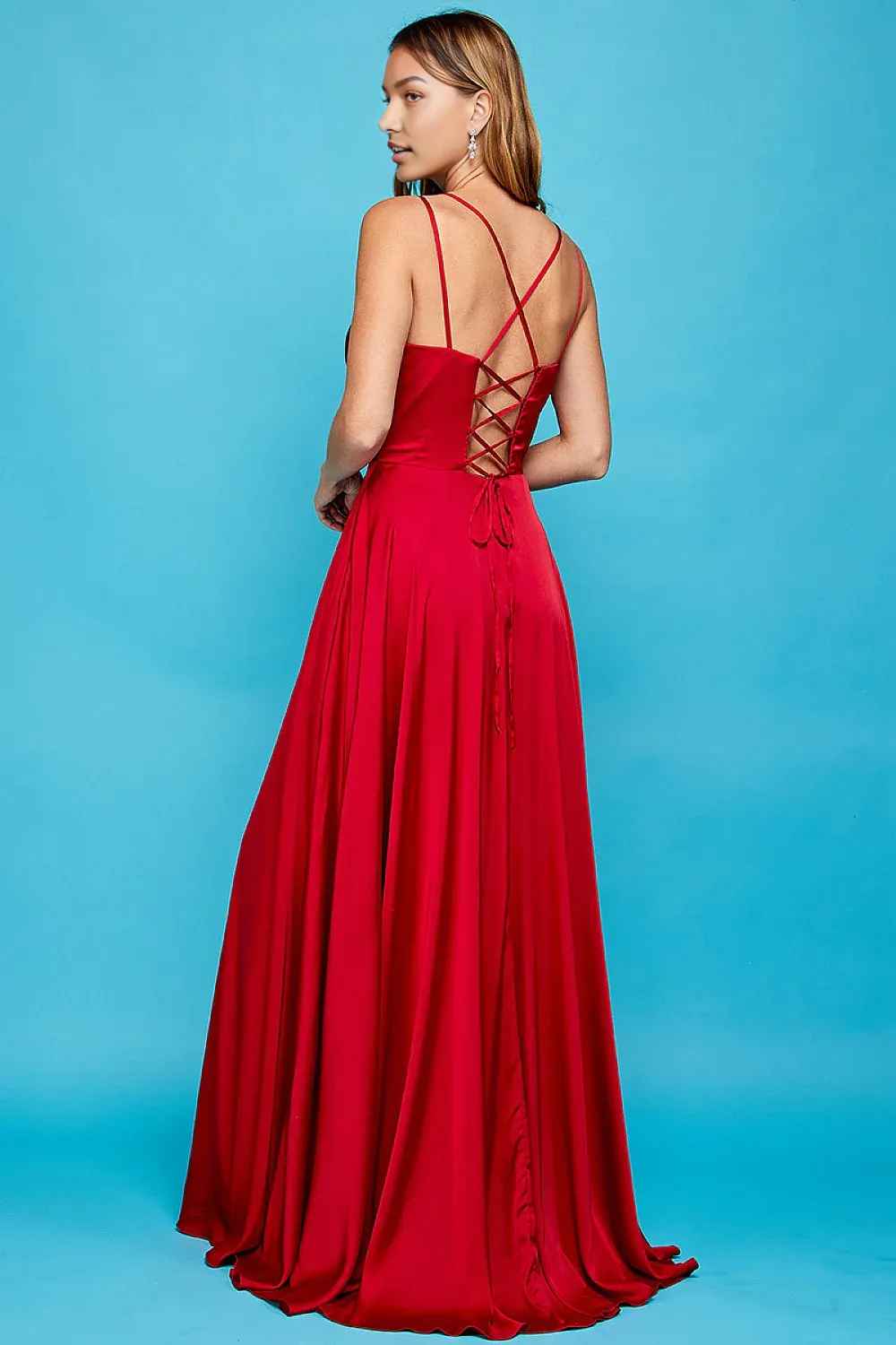 Flowy A-Line V-Neck Spaghetti-Strap Satin Floor-Length Slit Lace-Up Bridesmaid Dress